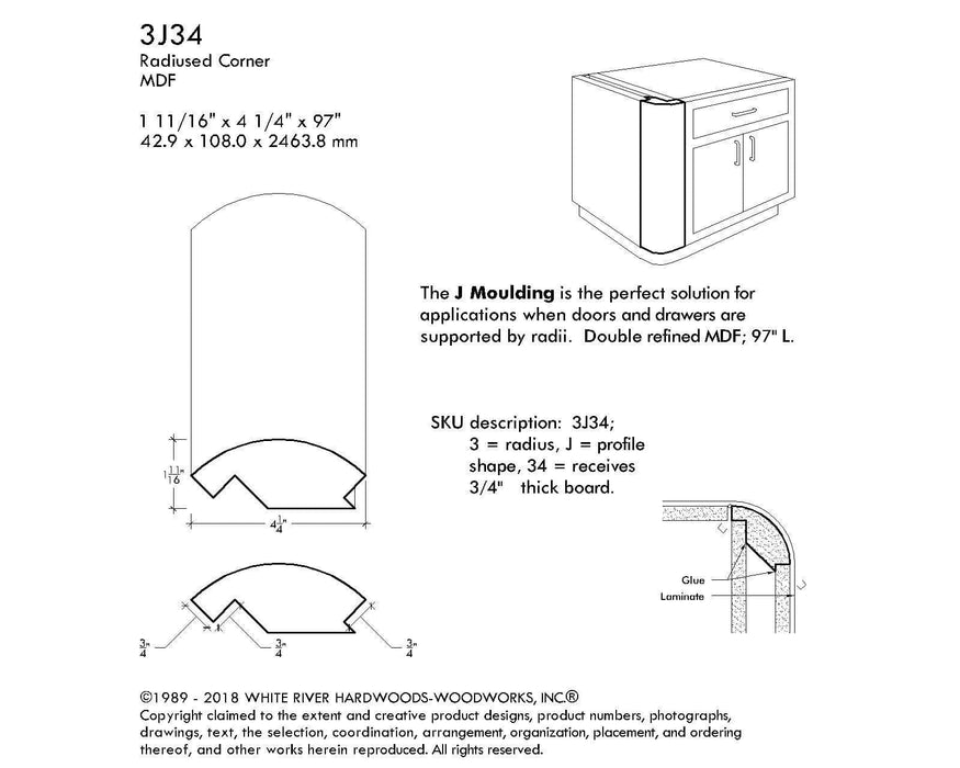 MDF Radius Corners, J Corner (accepts 3/4" plywood), 3" Radius, 4 1/4"W x 1-11/16"D x 97"L